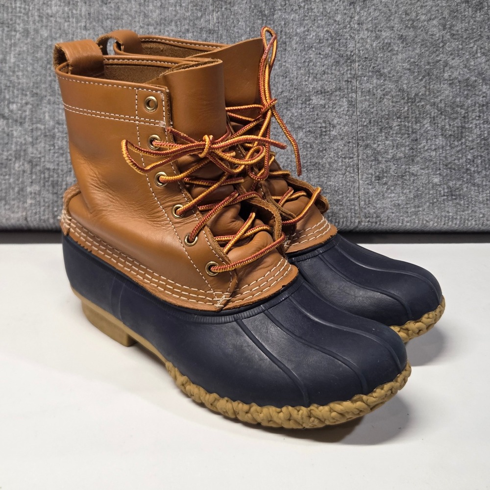 LL Bean Boots Women's 10 Wide Tan Navy Leather Duck Waterproof Made in Maine